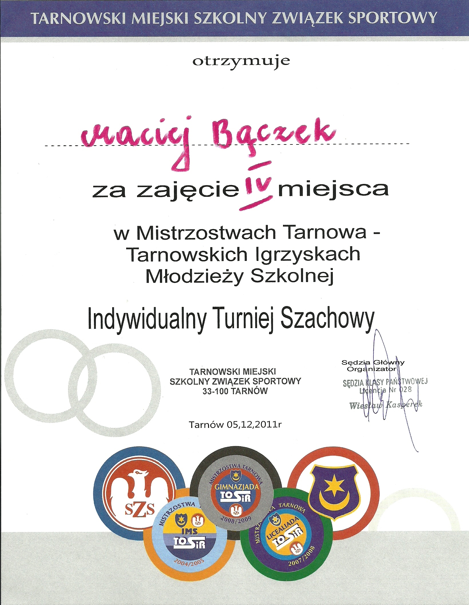 IV miejsce w Mistrzostwach Tarnowa - Indywidualny Turniej Szachowy
