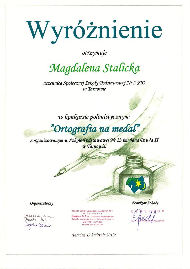 Wyróżnienie w konkursie polonistycznym: Ortografia na medal